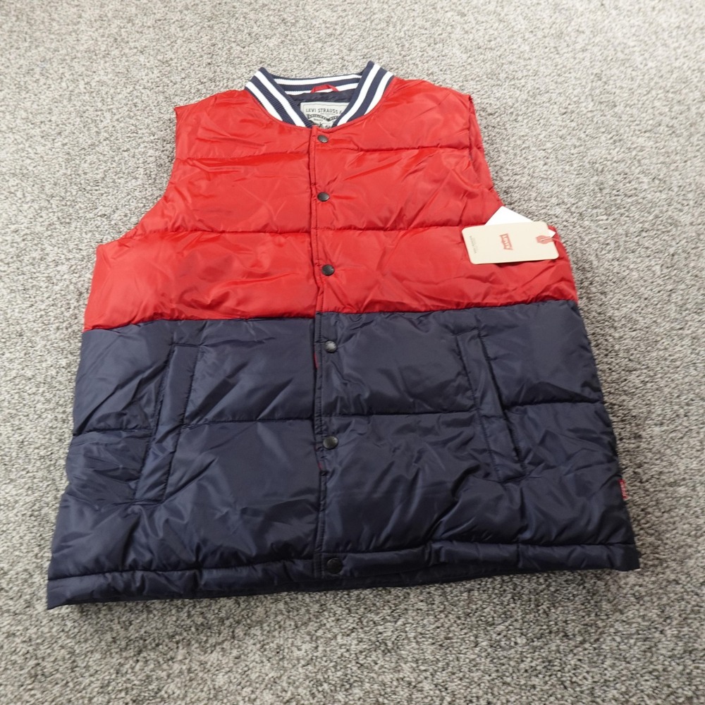 NEW Levis Vest Mens L Red Blue Quilted Insulated Puffer Snap Full Zip Outdoor